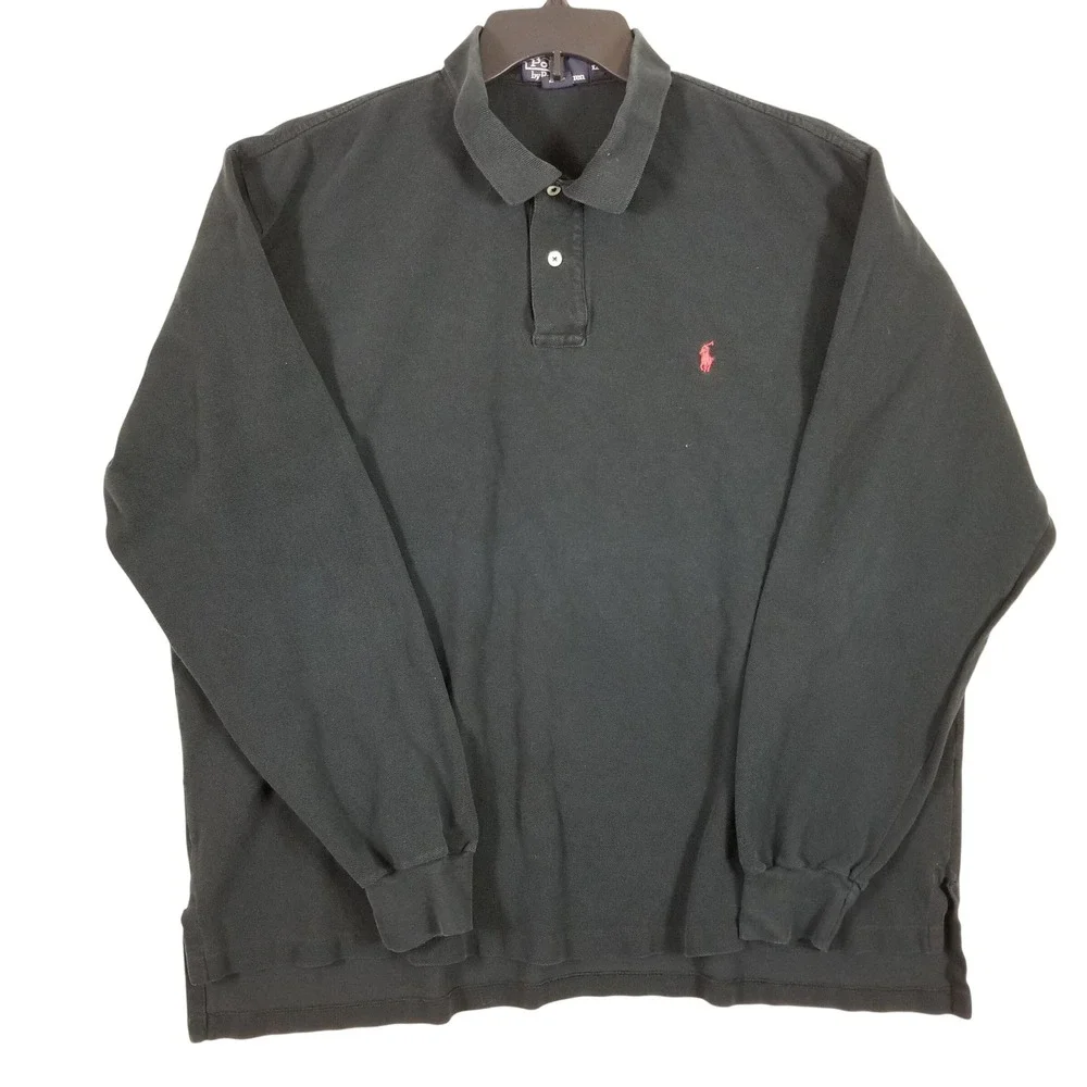 Polo Ralph Lauren Mens XXL Long Sleeve Polo Shirt Black Cotton‎ Pique Red Pony
